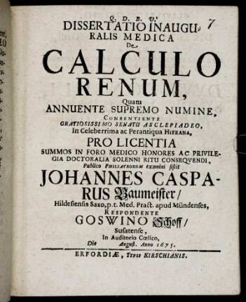Dissertatio Inauguralis Medica De Calculo Renum