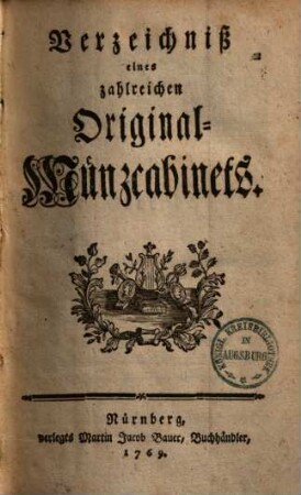 Verzeichniß eines zahlreichen Original-Münzcabinets
