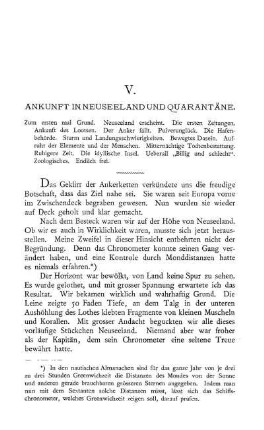 V. Ankunft in Neuseeland und Quarantäne. Zum ersten mal Grund. Neuseeland erscheint. Die ersten Zeitungen. Ankunft des Lootsen. Der Anker fällt. Pulverunglück. Die Hafenbehörde. Sturm und Landungsschwierigkeite