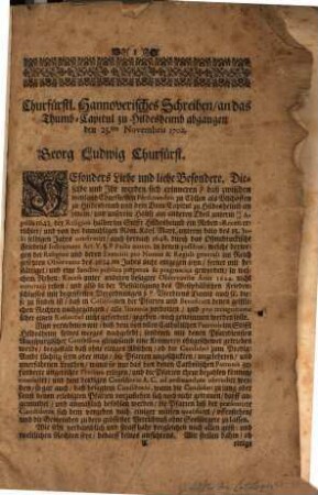Churfürstlich Hannoverisches Schreiben an das Thumb-Capitel zu Hildesheim