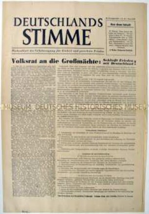Wochenzeitung der Volkskongressbewegung "Deutschlands Stimme" mit einem Aufruf des Deutschen Volksrates an die alliierten Großmächte
