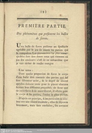 Première Partie. Des phénomènes que présentent les bulles de savon
