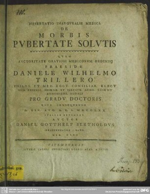 Dissertatio Inauguralis Medica De Morbis Pubertate Solutis