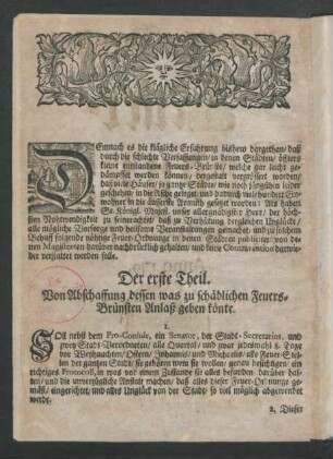 Der Erste Theil. Von Abschaffung dessen was zu schädlichen Feuers-Brünsten Anlaß geben könte
