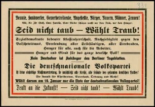 "Seid nicht taub - Wählt Traub!" Wahlplakat der deutschnationalen Volkspartei zur Wahl der Nationalversammlung 1919