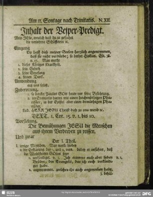 Inhalt der Vesper-Predigt [Am 11. Sontage nach Trinitatis]