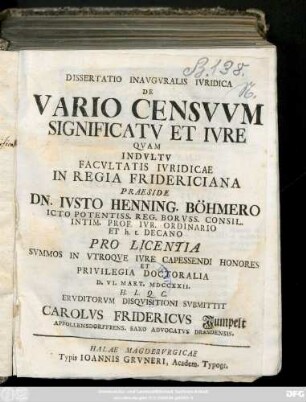 Dissertatio Inavgvralis Ivridica De Vario Censvvm Significatv Et Ivre