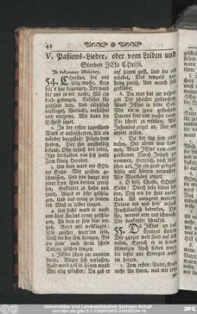 V. Paßions-Lieder, oder vom Leiden und Sterben Jesu Christi.