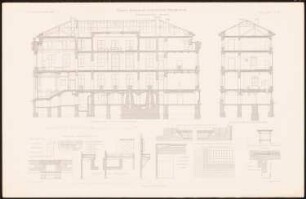 Physikalisches Institut: Schnitt C D Westflügel, Schnitt E F Zwischenbau, Details (aus: Kaiser-Wilhelms-Universität, Straßburg. I. Das Physikalische Institut, 1884)