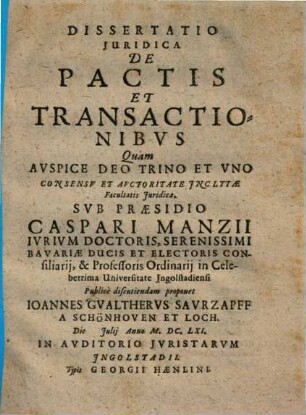 Dissertatio Iuridica De Pactis Et Transactionibus