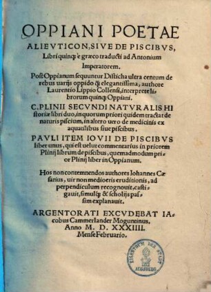 Oppiani Poetae Alievticon, Sive De Piscibvs, Libri quinq[ue]