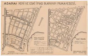 Stadtplanung, Adana Stadterweiterugsquartier nördlich im Anschluss an die alte Stadt: 2. Fassung: Zwei Grundpläne, z.T. Lagepläne 1:2000, tabellarische Gegenüberstellung der Flächenanteile