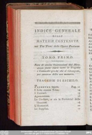 Indice Generale Delle Materie Contenute nei Tre Tomi delle Opere Postume.