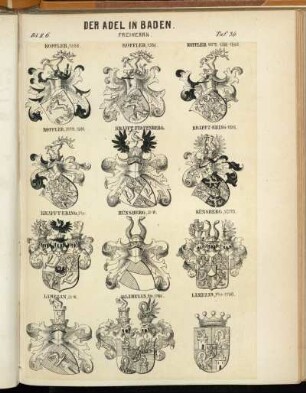 Taf. 36. Koffler, 1568. - Koffler verm. 1598-1652. - Koffler, verm. 1541. - Krafft-Festenberg. - Krafft-Ebing. 1826. - Krafft-Ebing, Fhr. - Künsberg, St-W. - Künsberg, verm. - Lamezan, St-W. - Lamezan, Rttr. 1745. - Lamezan, Fhr. 1790.