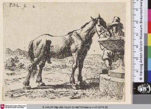 [Ein stehendes Pferd am Brunnen neben einem Bauern; The Horse near the Well; Drinkend paard]