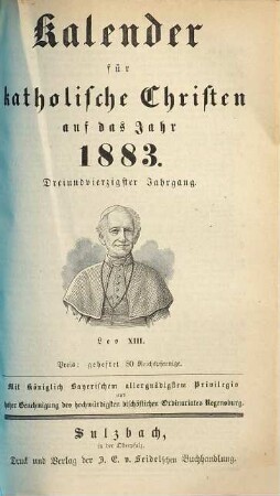 Kalender für katholische Christen : auf d. Jahr ... 1883 = Jg. 43