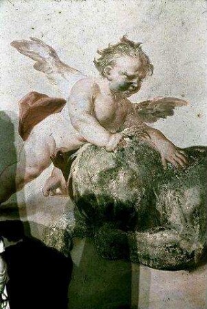 Pendentif über der Fortitudo-Statue: Putti mit Keule und Löwe