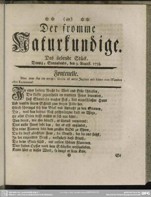 Der fromme Naturkundige. Das siebende Stück. Dantzig, Sonnabends, den 9. August.1738