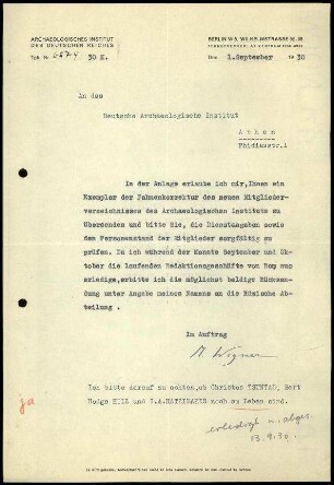 M. Wegner an DAI Athen