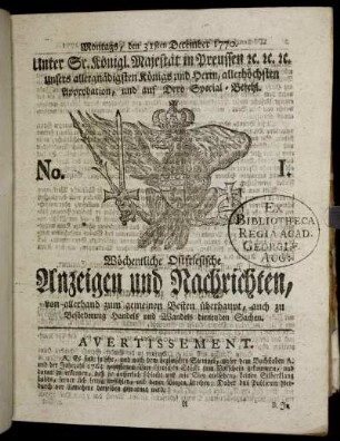 No. 1. Montags, den 31sten December 1770.