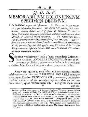 Q. D. B. V. MEMORABILIVM COLONIENSIVM SPECIMEN DECIMVM