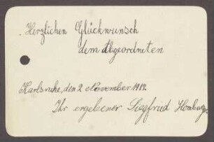 Glückwunschkarte von Siegfried Homburger, Karlsruhe, an Hermann Hummel, 1 Karte