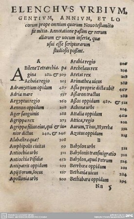 ELENCHUS URBIUM, GENTIUM, AMNIUM, ET Locorum prope omnium quorum Novo testameto fit metio. Annotatione paßim et rerum aliarum & vocum inferta, que usui esse scripturarum studiosis poßint.
