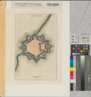Lingen (Lingen) Festungsplan 1649 50 Ruten(Verges) = 4,7 cm 38 x 24 kol. Kupferstich Einzelblatt aus Blaeus Städtebuch
