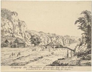 Eingang in den Plauenschen Grund bei Dresden mit dem Forsthaus (Hegereiterhaus) und der Hegereiterbrücke