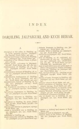Index to Darjeling, Jalpaigur, and Kuch Behar