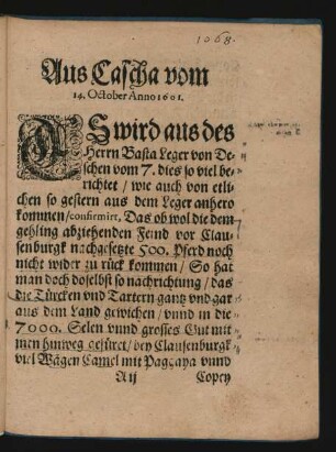 Aus Cascha vom 14. October Anno 1601.
