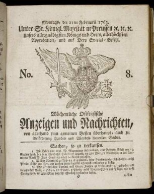 No. 8. Montags, den 21ten Februarii 1763.