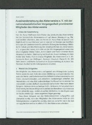 Axel Lohr. Auseinandersetzung des Alstervereins e.V. mit der nationalsozialistischen Vergangenheit prominenter Mitglieder des Alstervereins.