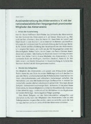 Axel Lohr. Auseinandersetzung des Alstervereins e.V. mit der nationalsozialistischen Vergangenheit prominenter Mitglieder des Alstervereins.