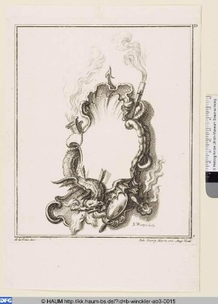 Neu inventirte Schilde Vierdter Theil. Quatrieme Livre de Cartouches, Blatt 3: [Vorlageblatt für eine muschelförmige Kartusche, umgeben von Mischwesen]