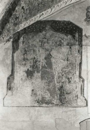 Jüterbog. Evangelische Pfarrkirche Sankt Nikolai. Gewölbemalereien (Mitte 15. Jahrhundert). Wandmalerei mit Schutzmantelmadonna (Restaurationszustand)