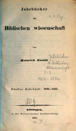 Jahrbücher der biblischen Wissenschaft. 5, 5. 1852/53