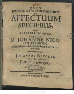 Exercitatio Philosophica De Affectuum Speciebus