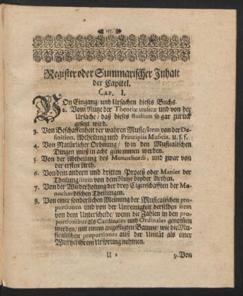 Register oder Summarischer Inhalt der Capitel.