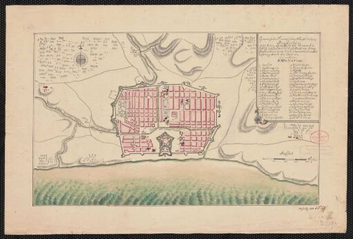 Grundriss der Französischen Haupt-Comtoirs Pondicheri in Ost Indien auf der Küste von Coromandel