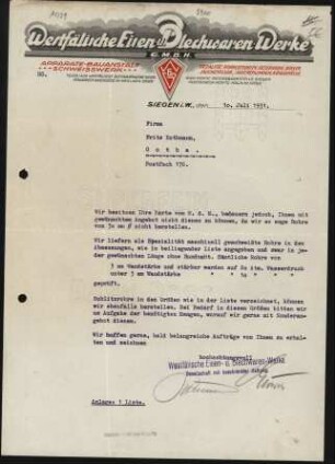Firmenbriefkopf Westfälische Eisen- und Blechwaren-Werke, G. M. B. H., Apparate - Bauanstalt - Schweisswerk