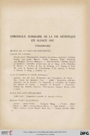 Chronique sommaire de la vie artistique en Alsace 1927