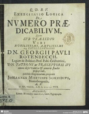 Exercitatio Logica De Numero Praedicabilium