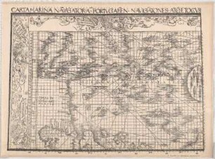 Carta Marina Navigatoria Portvgallen Navigationes Atqve Tocivs Cogniti Orbis Terre Marisqve Formam Naturamque Sitvs Et Terminos Nostris Temporibvs Recognitos Et Ab Antiqvorvm Traditione Differente. Eciam Qvor. [um] Vetvsti Non Meminervnt Avtores, Hec Generaliter Indicat : Cvm Gratia Et Privilegio Imperiali Ad Qvatvor Annos ; [gewidmet:] Hvgonis De Hassardis