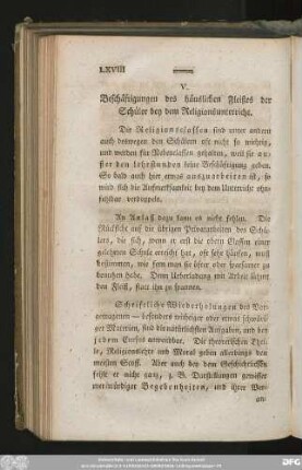 V. Beschäftigung des häuslichen Fleißes der Schüler bey dem Religionsunterricht.