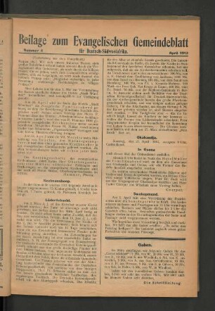 Beilage zum Evangelischen Gemeindeblatt für Deutsch-Südwestafrika. Nummer 4. April 1912