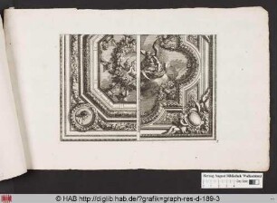 Zweigeteilte Ansicht eines Deckenentwurfs; gerahmte Malerei mit Putti und Blumen und die Darstellung des Chronos mit einer Sense, in den Ecken ein römisches Herrscherbildnis und zwei Putti.