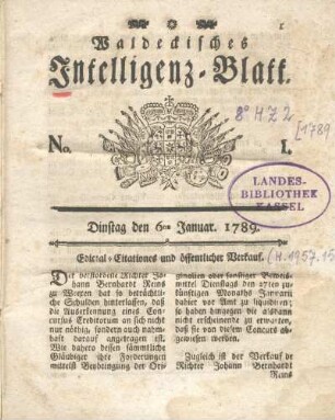 No. 1, Dinstag den 6ten Januar 1789