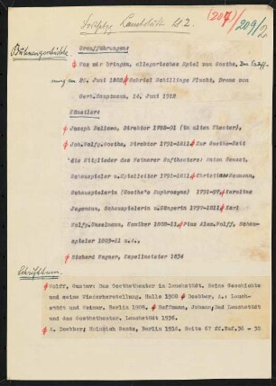 Goethe Theater, Bad Lauchstädt: Schriftstück zum Fragebogen für das Handbuch »Das Deutsche Theater«