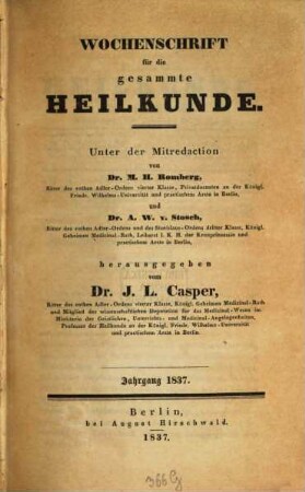 Wochenschrift für die gesammte Heilkunde. 1837, 1837
